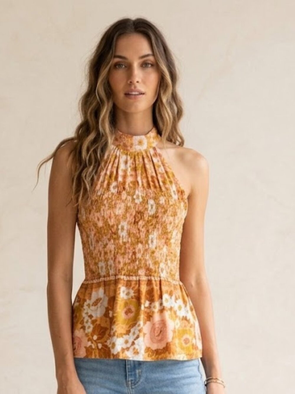 Cynthia Rowley Halter Neck Smocked Floral Print Top